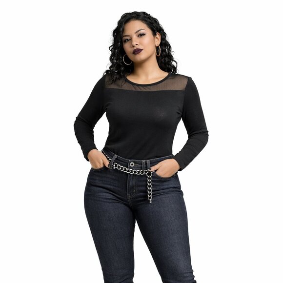 Poof! Tops - NWT Poof! Black Mesh Yoke Long Sleeve Top Sheer Shoulder Crew Neck Blouse Small